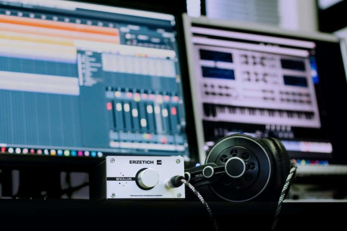 monitors and a mic in recording studio